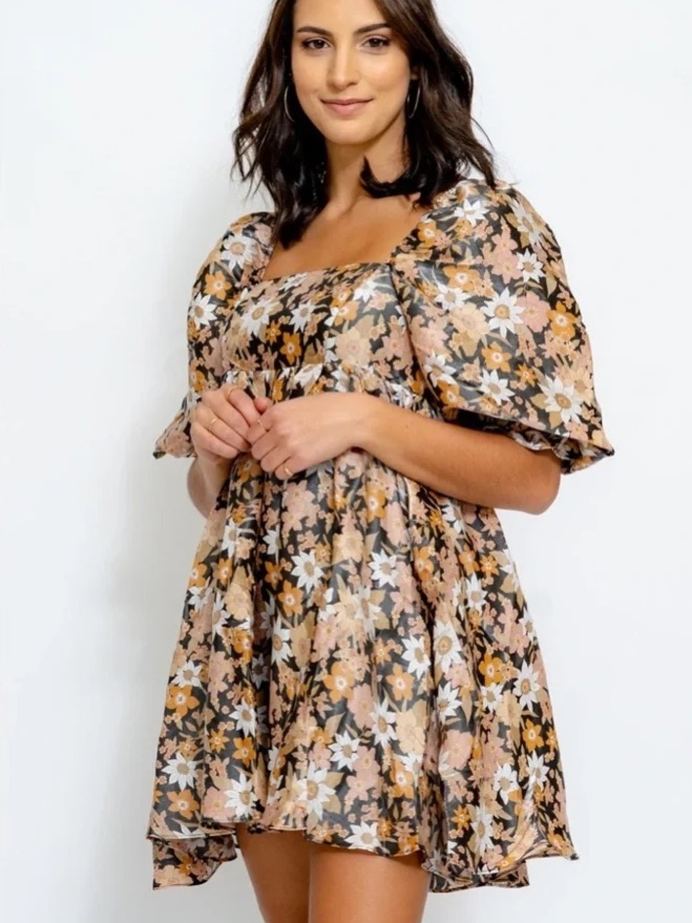 NEW Storia Babydoll Puff Sleeve Dress Size Medium Black Floral Shimmer Fairycore